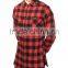 2016 Autumn 100% Cotton Side Zip Red and Black Longline Elongated Plaid Mens Flannel T Shirts