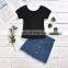 Summer Kids Children Girl Short Sleeve Black Shirts Tops Shirts Jeans Skirts 2 PCS Kids Set Outfits Clothes Set