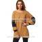 Spring Khaki and Black Color Block sisley Brand Ladies Long Batwing Sleeve Round Neck Loose T-Shirt TS074