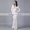 2016 Summer Hot Sexy Women Deep V Neck Full Length Party Dresses Ladies Long Sleeve White Lace See Through Dress