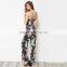 Black Floral ladies jumpsuit, 2017 fashion deep v-neck long romper