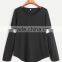 Black Varsity Striped Long Sleeve T-shirt Ladies Oversized T Shirt Plain Scoop Neck Curved Hem T-Shirt