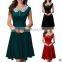 Hot selling lace flower neck lady elegant dress big swing one piece dress