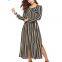 Long Sleeve Buttons Down Striped Waist Band Long Shirt Dress