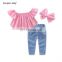 Children's clothing ins European and American hot style girls one-shoulder top + ripped jeans + headwear suit