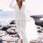 Elegant Lace Patchwork Button Front Open Long Sleeve White Cotton Beach Dress Women Swimwear Cover Up Beach Tunic Plus Size