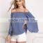 MGOO New Custom Designs Plain Blue Blouses Off Shoulder Long Sleeves Flare Opening Fashion Viscose Blouses
