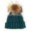 Myfur Teal Green Large Animal Raccoon Fur Bobble Crochet Hat and Cap