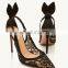 Black color net ankle strap pump shoes women bow tie design ladies sandals