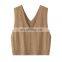 Women's Casual V-Neck Tank Top Wholesale Cable Knit Woolen Cashmere Short Length Crop Style with Embroidered Logo Back Position
