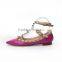 Comfort point toe hot pink leather slip on ballet flat shoe ankle strap buckle studded ladies flat pumps