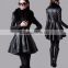 Black Women's Long Slim leather jacket trench coat windbreaker with fur