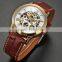 Vintage Gold Stainless Steel Case Mens Hollow Skeleton Leather Automatic Mechanical Wrist Watch