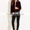 MGOO Women Burgundy Velvet Bomber Jacket With Striped Trim Plain Baseball Jacket Zipper Closure
