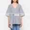 Hot sale sexy V Neck design 1/2 Sleeve Tops kimono style Cotton Blue Striped Women Casual blouse With Self-tie waist belt