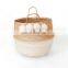 White Seagrass Belly Basket with white pom poms, Woven Seagrass Straw Wicker Storagee Basket Home Organization