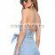 Woman fashion V neck tie waist halter backless sexy denim romper