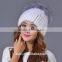 100% Real Knitted Mink Fur Hat With Large Silver Fox Fur Pom Poms Beanies Elegant Women Natural Fur Cap
