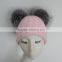 Myfur Baby Pink Wool Ribbed Knit Hat with Removable Silver Fox Fur Pom Poms