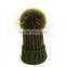 Myfur Classical Raccoon Fur Attached Pom Pom Beanie Adult Khaki Green Winter Cap