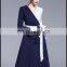 high quality new design 2017 contrast color cross deep V neck waist tight flare knee length lady elegant casual dress for woman