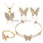 Fashion Brand Cute Butterfly Gold Plated Rhinestone Necklace Stud Earring Bracelet Ring Set for Women Wedding Jewelry Set