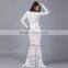 2016 Summer Hot Sexy Women Deep V Neck Full Length Party Dresses Ladies Long Sleeve White Lace See Through Dress