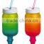 Bright Ombre Mason Jar on a Pedestal Glass Drinkware w/ Straw 2 Asst
