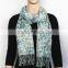 Green Floral Printed Light Wool Scarf with fringe