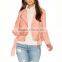 High quality tops zipper up pink cropped moto leather jacket for girls