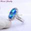 New Sapphire Blue Zircon Crystal Ring Party Exaggerated Wedding Rings for Women Platinum Plated Engagement Ring