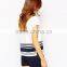High Fashion Simple Women 's Custom Printed T-shirt Short Sleeve Hem Stripe design White T-shirt