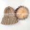 Myfur Wool Blend Knitted Beanie Hat with Matched Color Real Raccoon Fur Ball