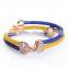 Three layer blue yellow purple stingray leather cord gold plated with diamond