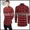 2016 Autumn 100% Cotton Side Zip Red and Black Longline Elongated Plaid Mens Flannel T Shirts