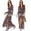 European Women Chiffon Dress Floral Print High Split Deep V-Neck Long Sleeves Button Maxi Dress Black