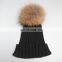 Black classical strips pattern fur bobble hats women pompon warm hats