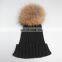 Wholesale mens knitted plain beanie hat with fur pom pom