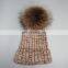 Knitted winter real fur pom beanie bobble hat with large fur pom pom