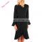 Winter Ladies Navy Delicate Ruffle Accent O-Neck Bell Sleeve Midi Dresses