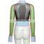 2020 Hot Contrast Stitching Crop Top Sexy See-through Mesh Women Long Sleeve T-shirt