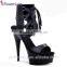 Black color with ankle strap and lace up thick sole sex high heels shoes for woman