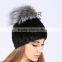 QD80618 Free Size Women Striped Natural Mink fur with Silver Fox Fur Pom Hats