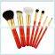 orange color OEM professional 7pcs cosmetic brush set goat hair makeup brushes with leather cup holder