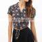 CHEFON Dotted floral tie front summer empire waist blouses for ladies