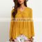 Latest Designs Streetwear Style Women Shirts Yellow Bell Sleeve Round Neck Ruffle Casual Blouse