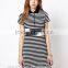 Ladies Black and White Striped Longline Short Sleeve Slim Fit Stretch Polo Dress Shirt