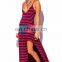 2015 latest new casual dress designs navy glue wine red stripe deep V neck high low slit summer maxi sun dress