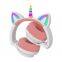 Pink Unicorn Earphones Kids with LED Wireless Bluetooths Glowing Headphone Cat Ears 3.5mm On Ear Audio Headset for kids