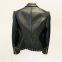 Fashion New Arrival V-neck Corns Metal Leather Jacket Tight Black Zipper Short Women's Clothing